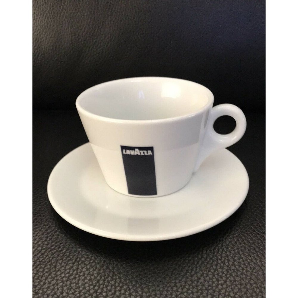 LAVAZZA COFFEE White Black Americano Mug Cup Saucer 10oz Marked IPA Italy